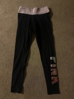Victoria's Secret Black Leggings With Shimmer Pink Waistband and Sequin Logo